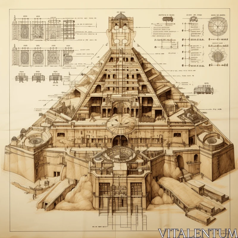 Illustrative Blueprint of a Pyramid: Classical Architecture meets Aztec Art AI Image