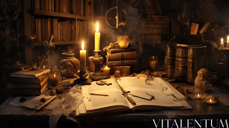 AI ART Mystic Mechanisms: A Captivating Desk with Books and Candles