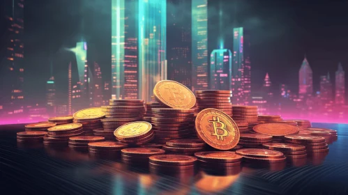 Bitcoin Coins on Table: Captivating Futuristic Digital City Composition