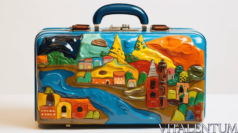 AI ART Captivating Blue Suitcase Painting: Mountainous Vistas in Liquid Metal and Polychrome Terracotta