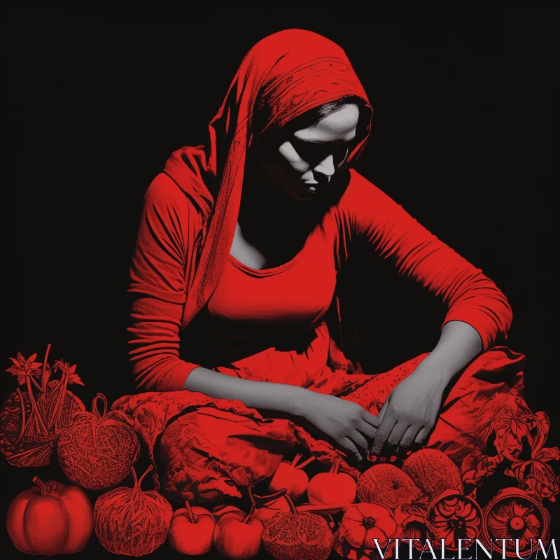 Bold Chiaroscuro Still Life Painting with Woman and Fruits/Vegetables AI Image