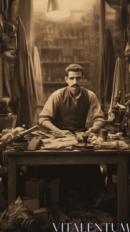 Captivating Tintype Photography: Man Working in Shoe Shop AI Image