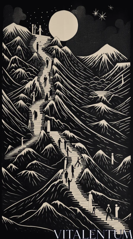 Captivating Black and White Illustration: People Walking Down a Mountain AI Image