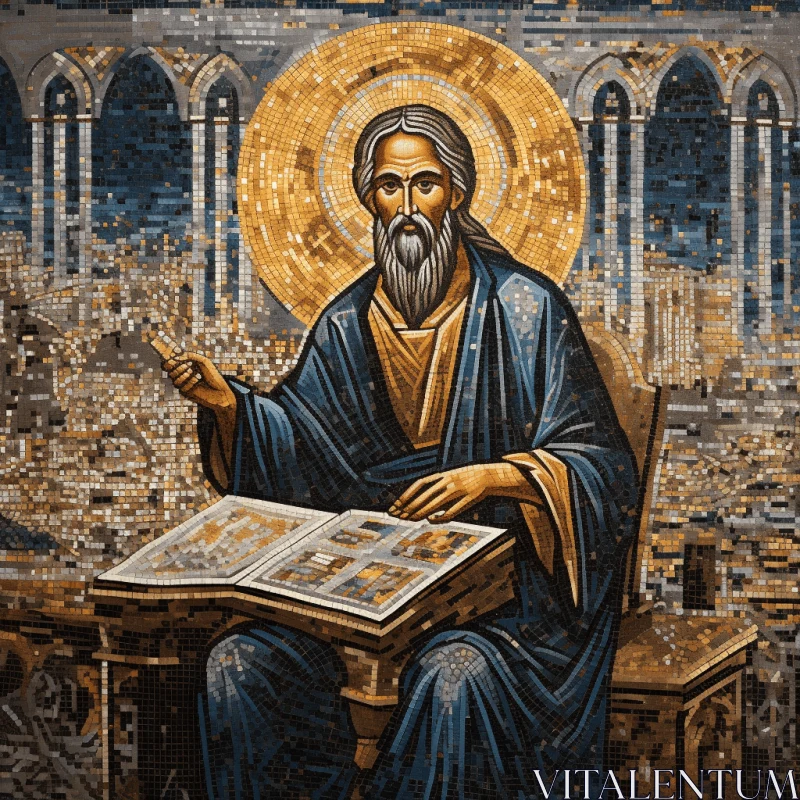 Saint Irenaeus Reading the Bible - Mosaic Composition AI Image