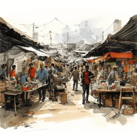 Vibrant Sketch of People Shopping at Outdoor Market | Traditional Techniques