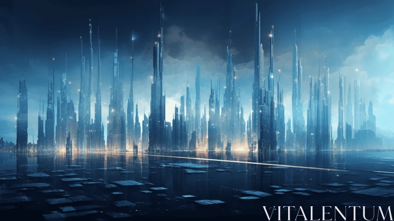 Captivatingly Atmospheric Futuristic City Landscape | Dark Sky-Blue & Light Cyan AI Image