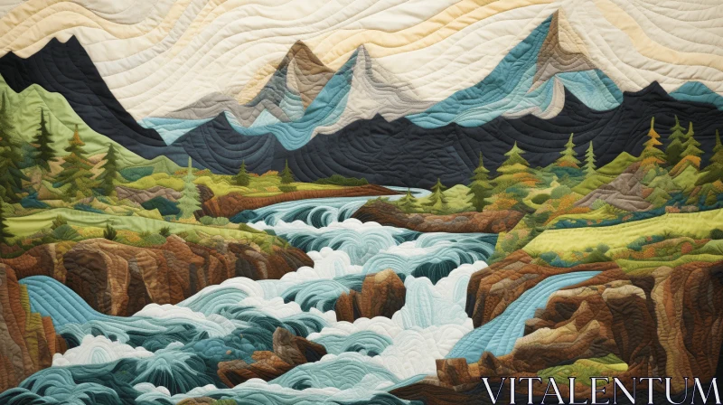 Quilt Art: Captivating Mountain and Waterfall Landscape AI Image