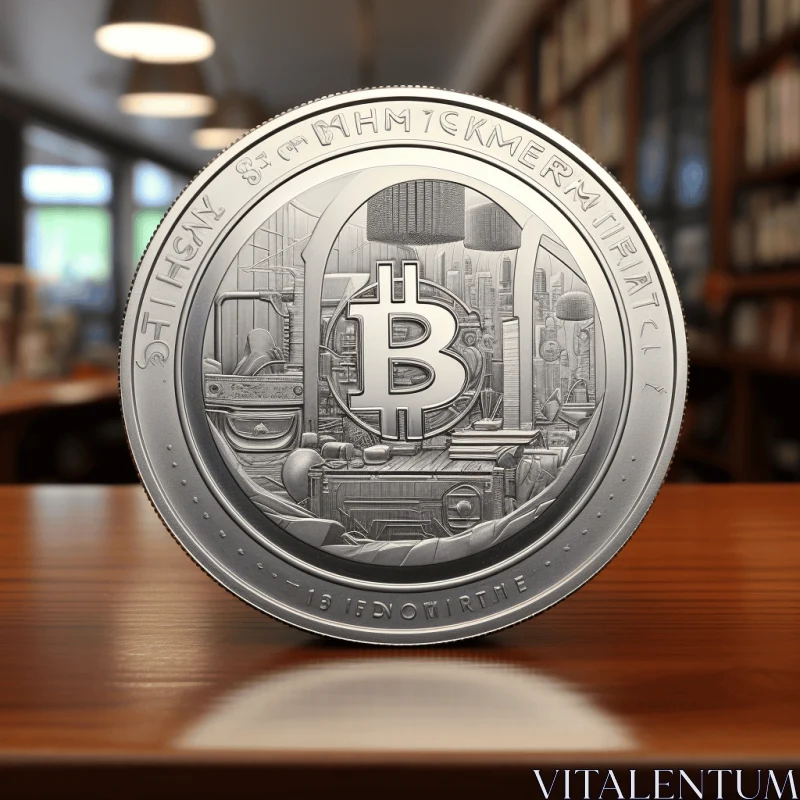 Silver Bitcoin Coin on Wooden Table in Library - Photorealistic Urban Art AI Image