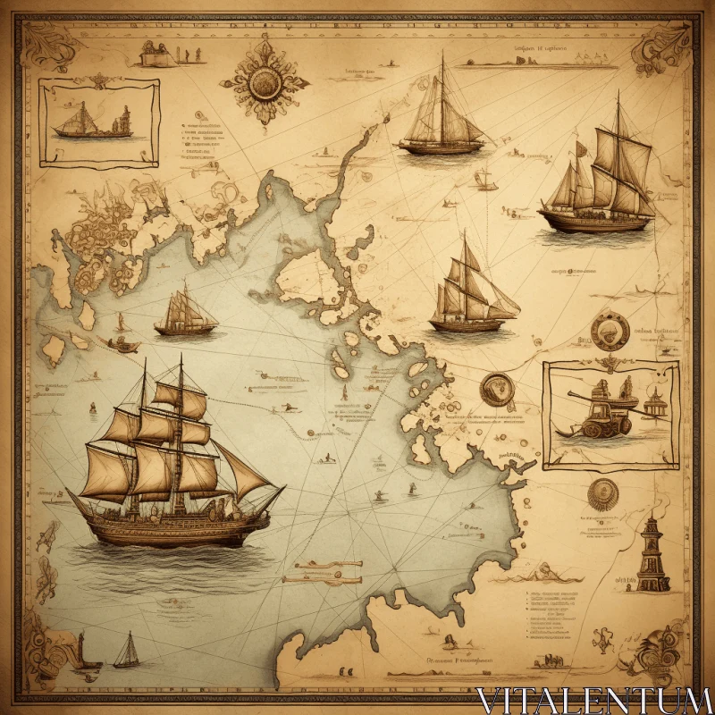 Vintage Antique Map with Captivating Harbor Views AI Image