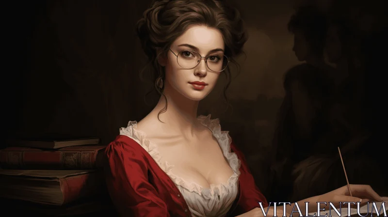 Captivating Digital Painting of a Girl with Glasses amidst Books AI Image