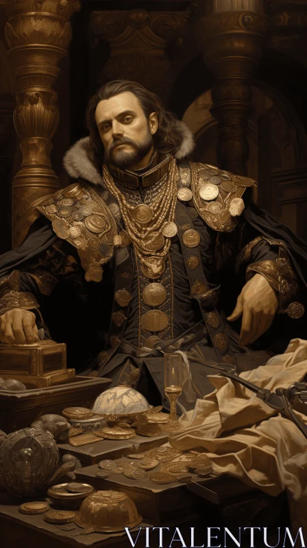 Hyper-Detailed Painting of a Rich Man Adorned with Elaborate Costumes and Gold AI Image