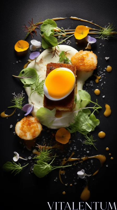 Luxurious Composition: Egg Surrounded by Mushrooms and Greens on a Black Plate AI Image