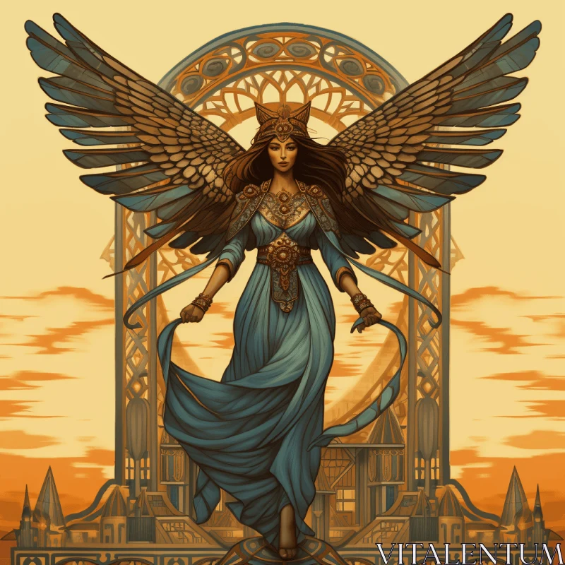Mystical Illustration: Lady with Wings and Bird in Gothic Architecture AI Image