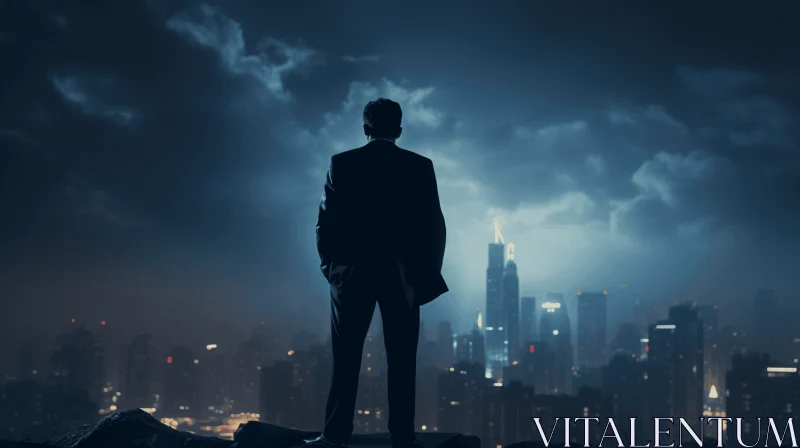 Silhouetted Businessman on Rock at Night with Cityscape – Atmospheric and Immersive Art AI Image