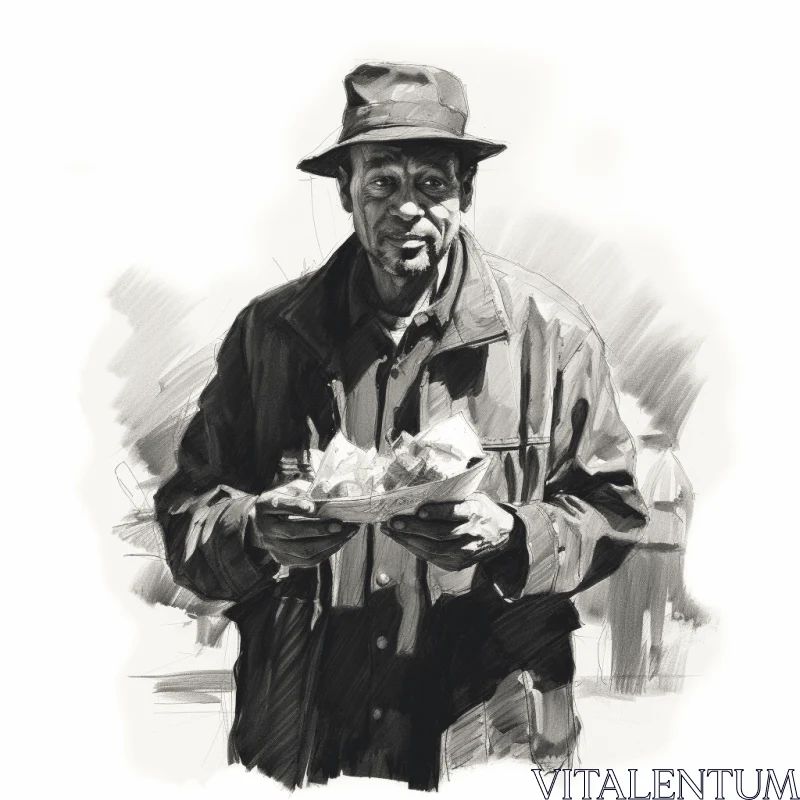 AI ART Fine Sketch of a Man in a Hat Holding Food | Gritty Urban Realism