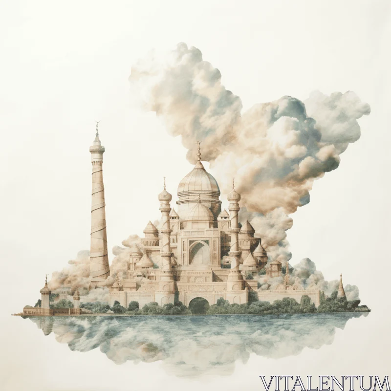 Elaborated Fantasy Palace in Clouds - Mughal Art and Industrial Landscapes AI Image
