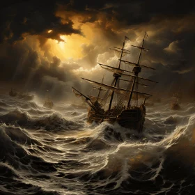 Ship on Stormy Sea - Realistic Chiaroscuro Illustration