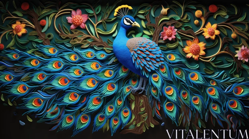 Captivating Peacock Mural: Colorful Paper Sculptures and Woodcarvings AI Image