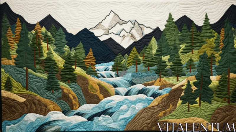 Captivating Quilt with Serene Stream, Trees, and Mountains AI Image