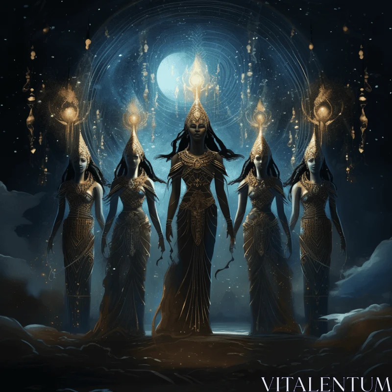 Enchanting Ancient Women Standing in Front of the Moon | Dark Cyan and Gold AI Image