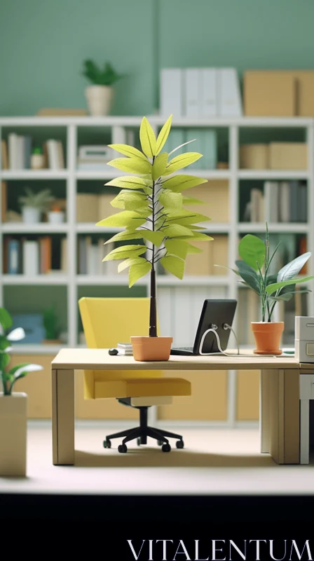 Vibrant Office Desk with Plant and Bookshelf - Physically Based Rendering AI Image