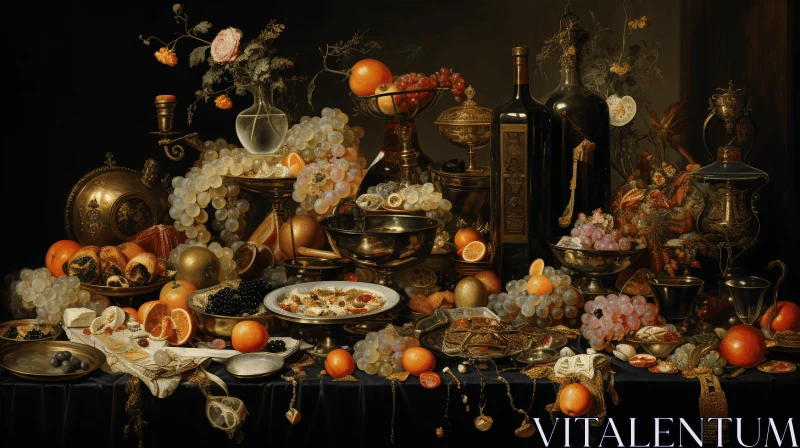 Captivating Still Life Painting: Oranges and Rat on an Extravagant Table AI Image
