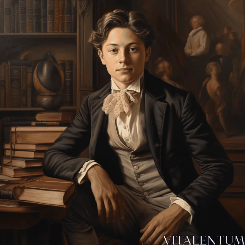 Captivating Painting of Young Boy with Books - Classical Portraiture AI Image
