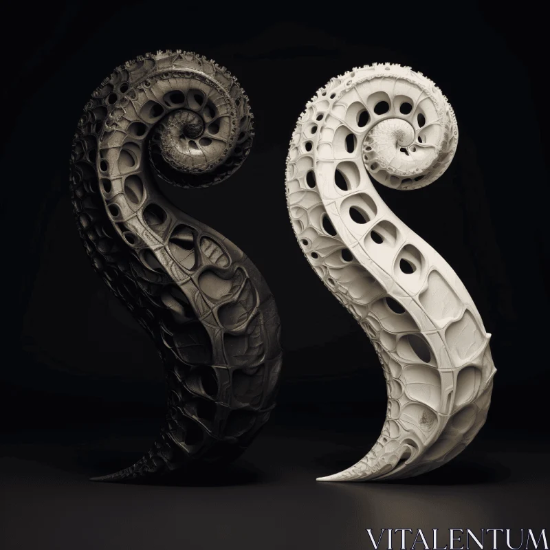 Finely Rendered Spiral Sculptures | Dark Monochrome Art AI Image