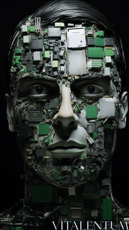 Man's Head Made of Electronics Parts - Dark Gray and Green AI Image