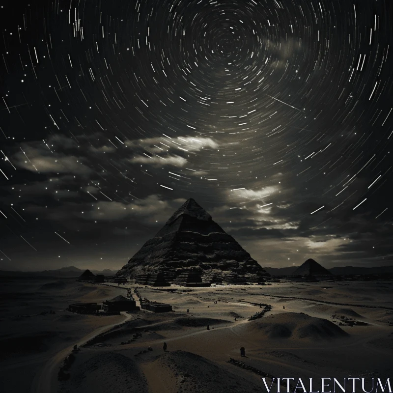 Mysterious Night Sky Over Pyramids: A Captivating Black and White Photo AI Image