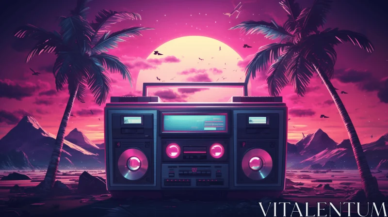 Retro Beach Scene with Boombox, Palm Trees, and Sunset - Dark Cyan and Magenta AI Image