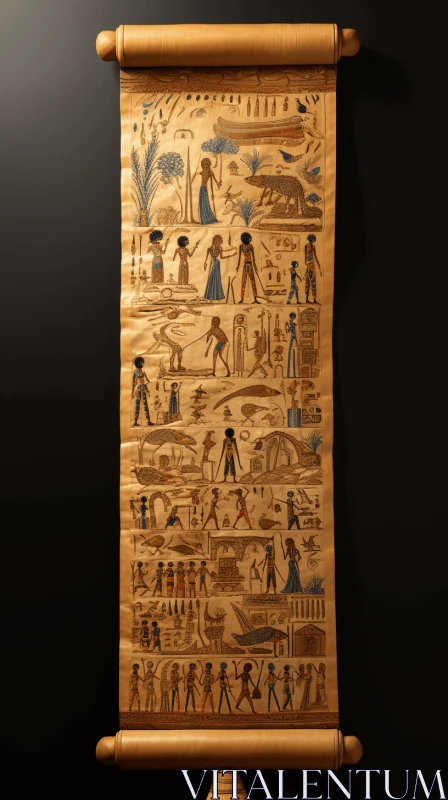 Egyptian Scroll: Dark Gold and Sky-Blue Illustrations AI Image