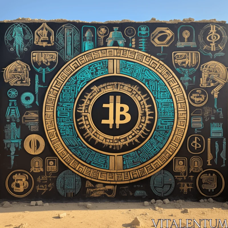 Egyptian-Inspired Bitcoin Coin Mural: Industrial and Technological Art AI Image