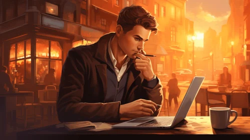 Captivating Image of a Man Working on a Laptop in the City