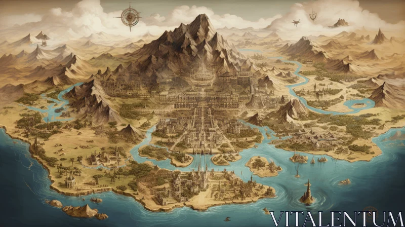 Ancient City Map: Epic Landscapes in Light Cyan and Gold AI Image