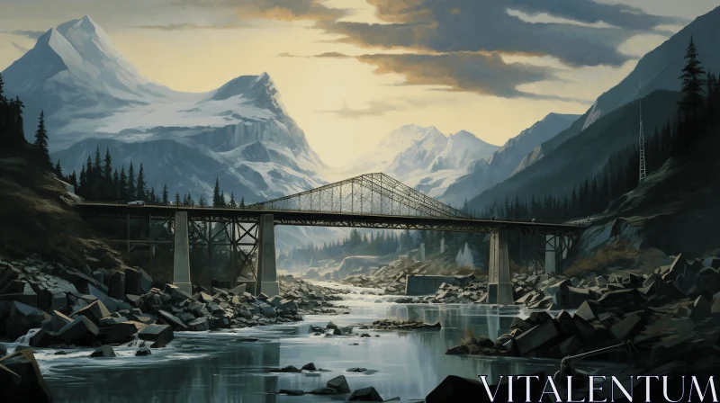 Captivating Mountain Landscape Painting with Old Bridge - Artistic Masterpiece AI Image