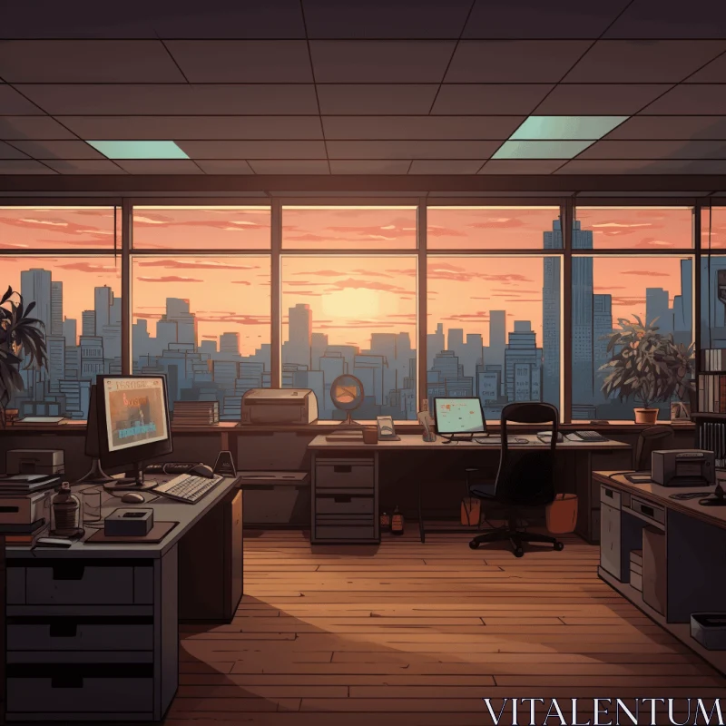 Captivating Office with Skyline View: Cartoon Compositions and Tonalist Color Scheme AI Image