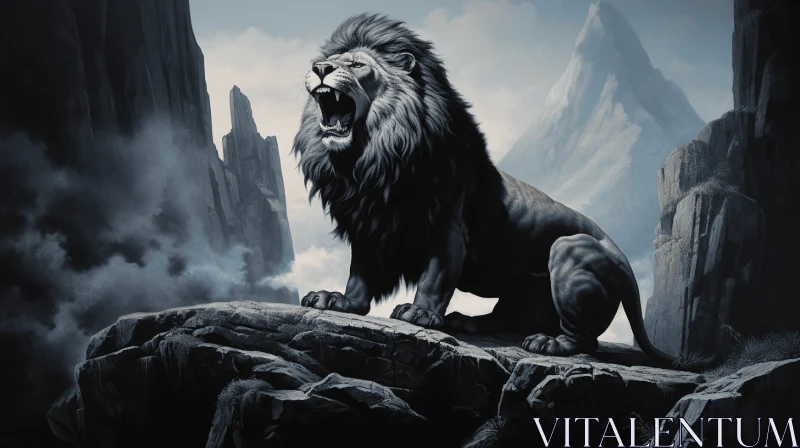 AI ART Majestic Lion Roaring on Rocky Heights | Dark and Mystical Artwork