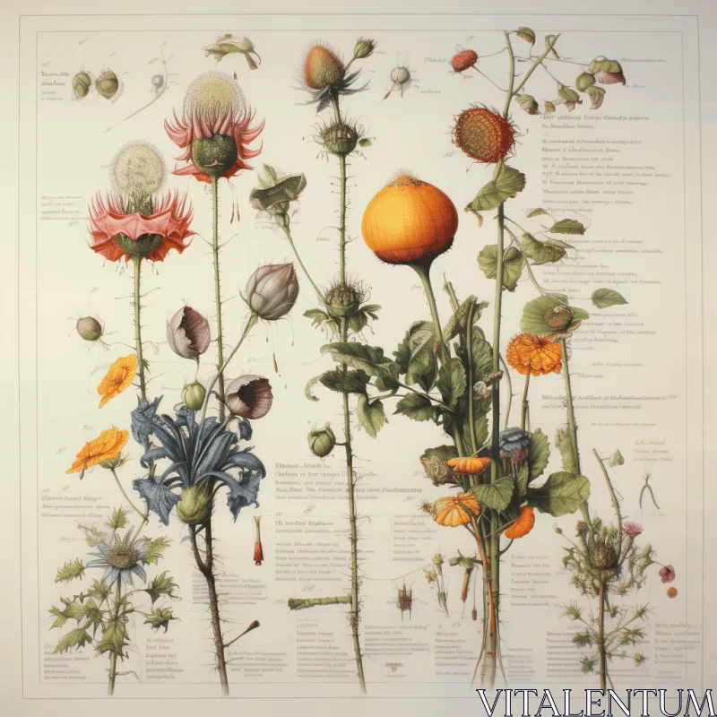 Detailed Botanical Studies Poster with Orange and Green Flowers AI Image