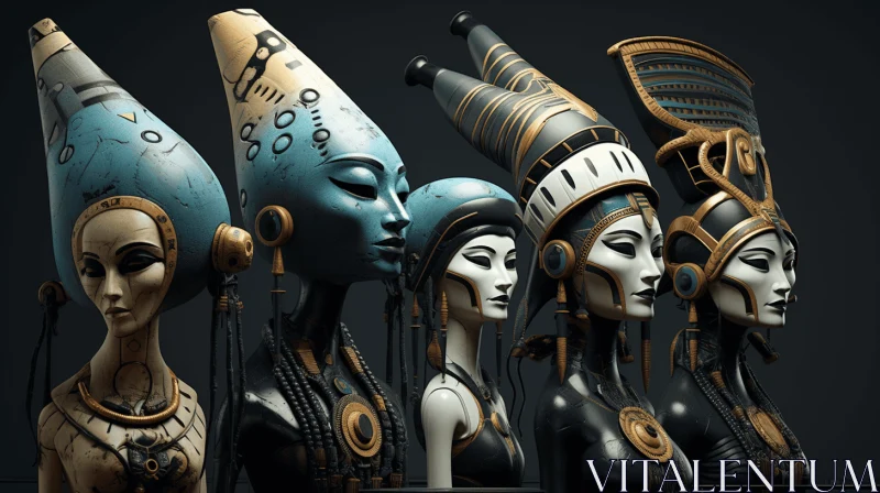 AI ART Intricate Retro-Futuristic Cyberpunk Art: Female Statues with Jewelry