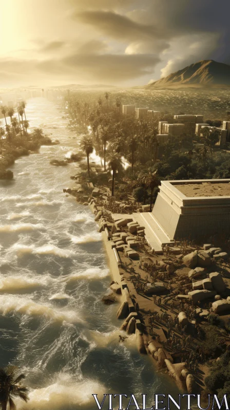 Ancient Egyptian Scene: Hyper-Realistic Aerial View of Grandiose Ruins AI Image