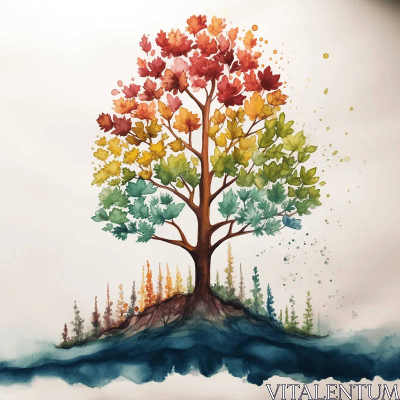 Colorful Watercolor Tree Painting | Narrative Symbolism Art AI Image