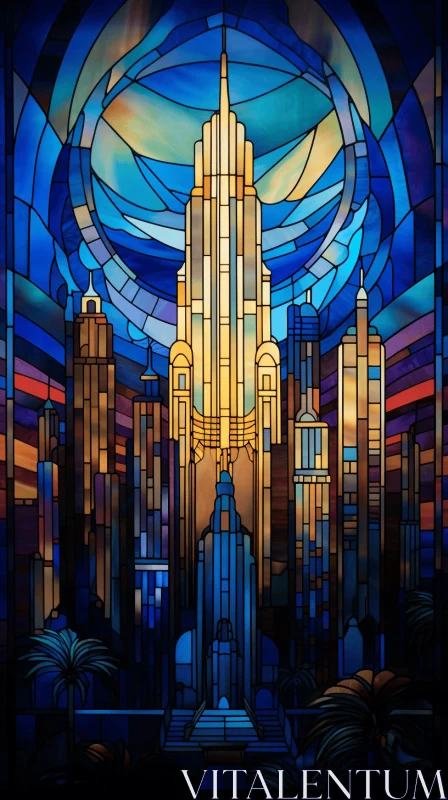 Enchanting Stained Glass Art with Deco Buildings in Light Gold and Teal AI Image