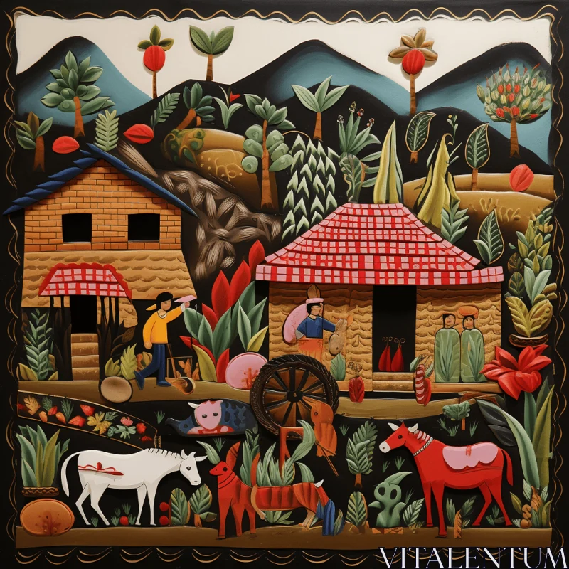Captivating Ceramic Painting Depicting Rural Life in a Traditional Setting AI Image
