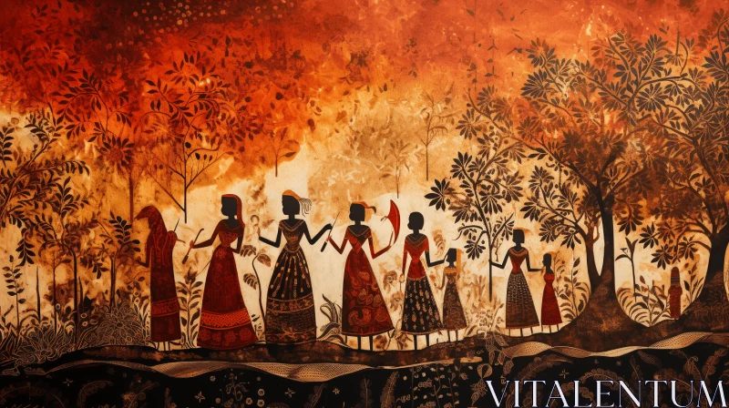 Captivating Indian Style Painting of Women in Red and Brown | Nature-Inspired Art AI Image