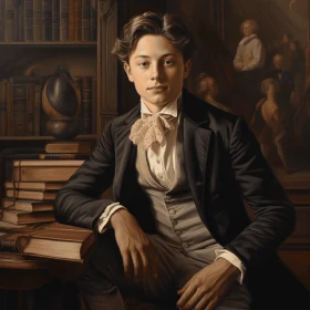Captivating Painting of Young Boy with Books - Classical Portraiture