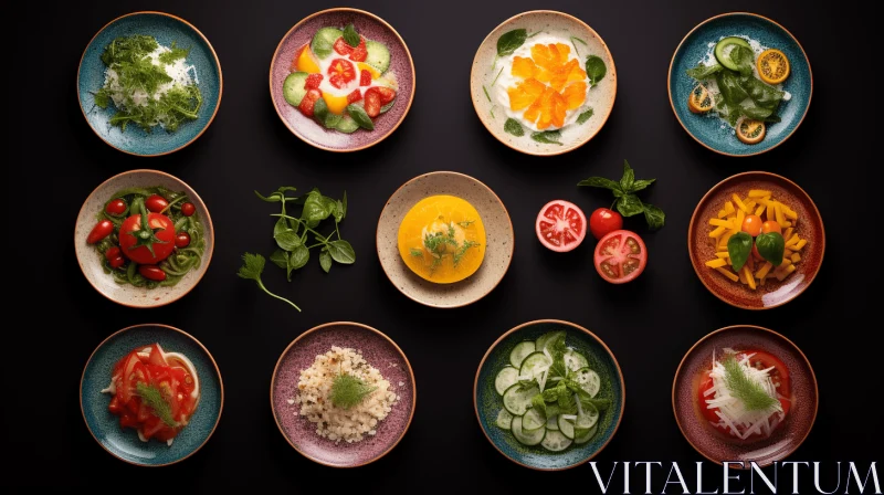 Colorful Plates with Vegetables: Moody Tonalism and Zen-inspired Composition AI Image