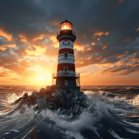 Lighthouse at Sunset in Ocean - Hyper-Realistic 3D Illustration