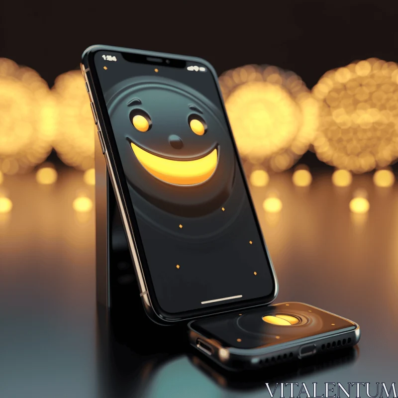 Gold Smiley on Phone: Realistic Still Life with Dramatic Lighting AI Image