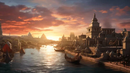 Ancient City with Majestic Ships: A Serene and Lifelike Rendering